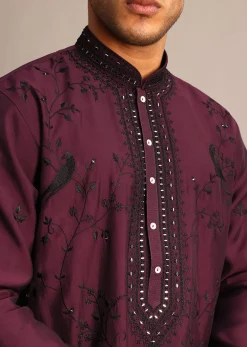 Wine Silk Hand Embroidered Kurta Set