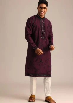 Wine Silk Hand Embroidered Kurta Set