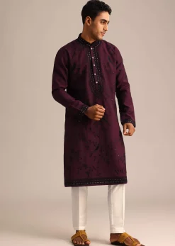 Wine Silk Hand Embroidered Kurta Set