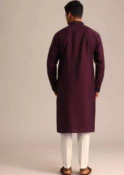 Wine Silk Hand Embroidered Kurta Set