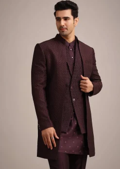 Wine Silk Indo Western And Kurta Set With Salli Work