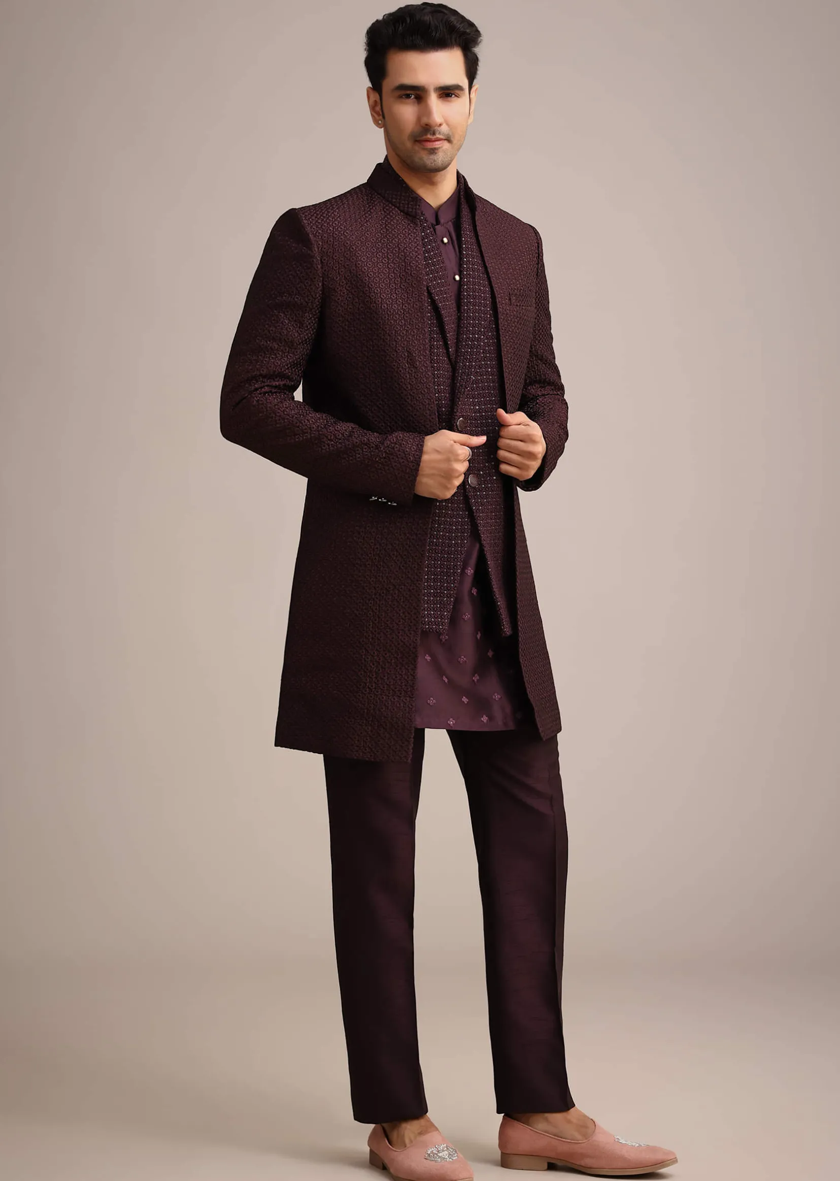 Wine Silk Indo Western And Kurta Set With Salli Work
