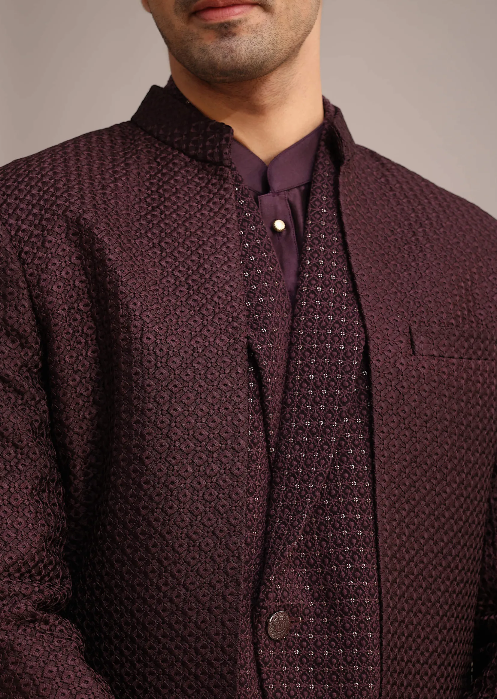 Wine Silk Indo Western And Kurta Set With Salli Work