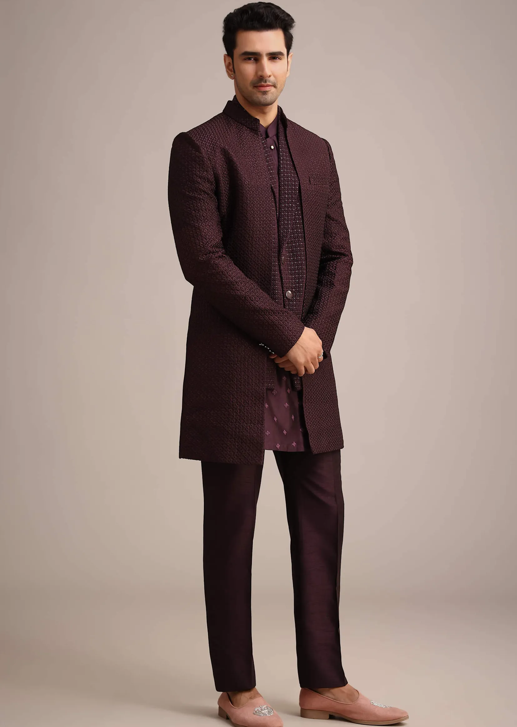 Wine Silk Indo Western And Kurta Set With Salli Work