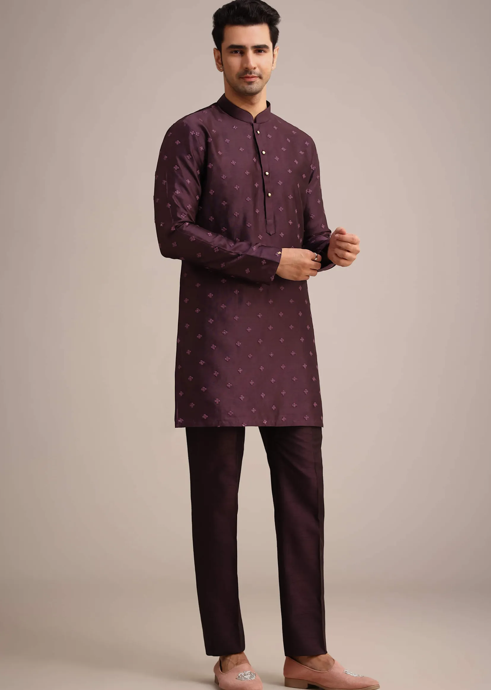 Wine Silk Indo Western And Kurta Set With Salli Work