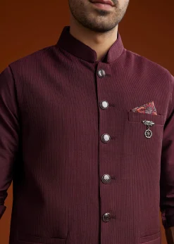 Wine Silk Kurta Jacket Set With Pintucks Detailing