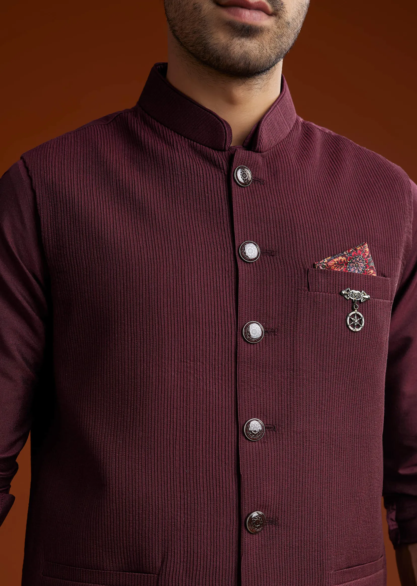Wine Silk Kurta Jacket Set With Pintucks Detailing