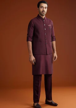 Wine Silk Kurta Jacket Set With Pintucks Detailing