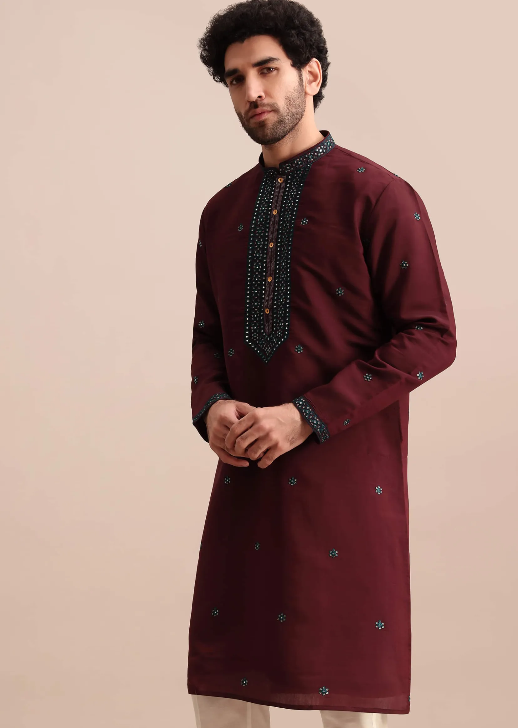 Wine Silk Kurta Set In Resham Work For Men
