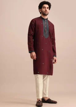 Wine Silk Kurta Set In Resham Work For Men