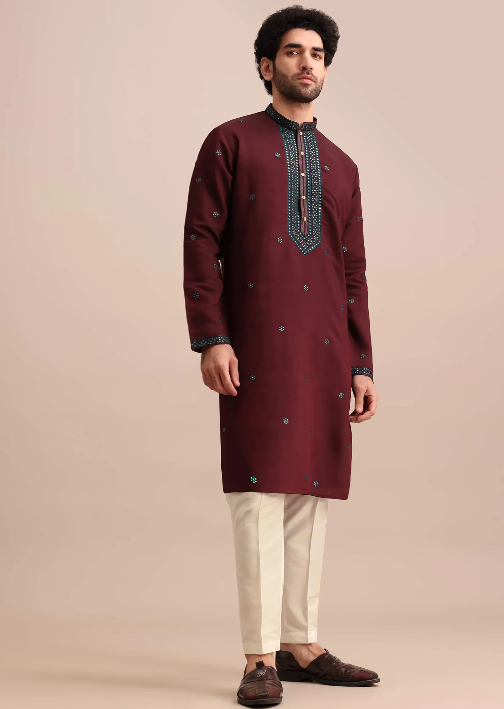 Wine Silk Kurta Set In Resham Work For Men