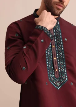 Wine Silk Kurta Set In Resham Work For Men