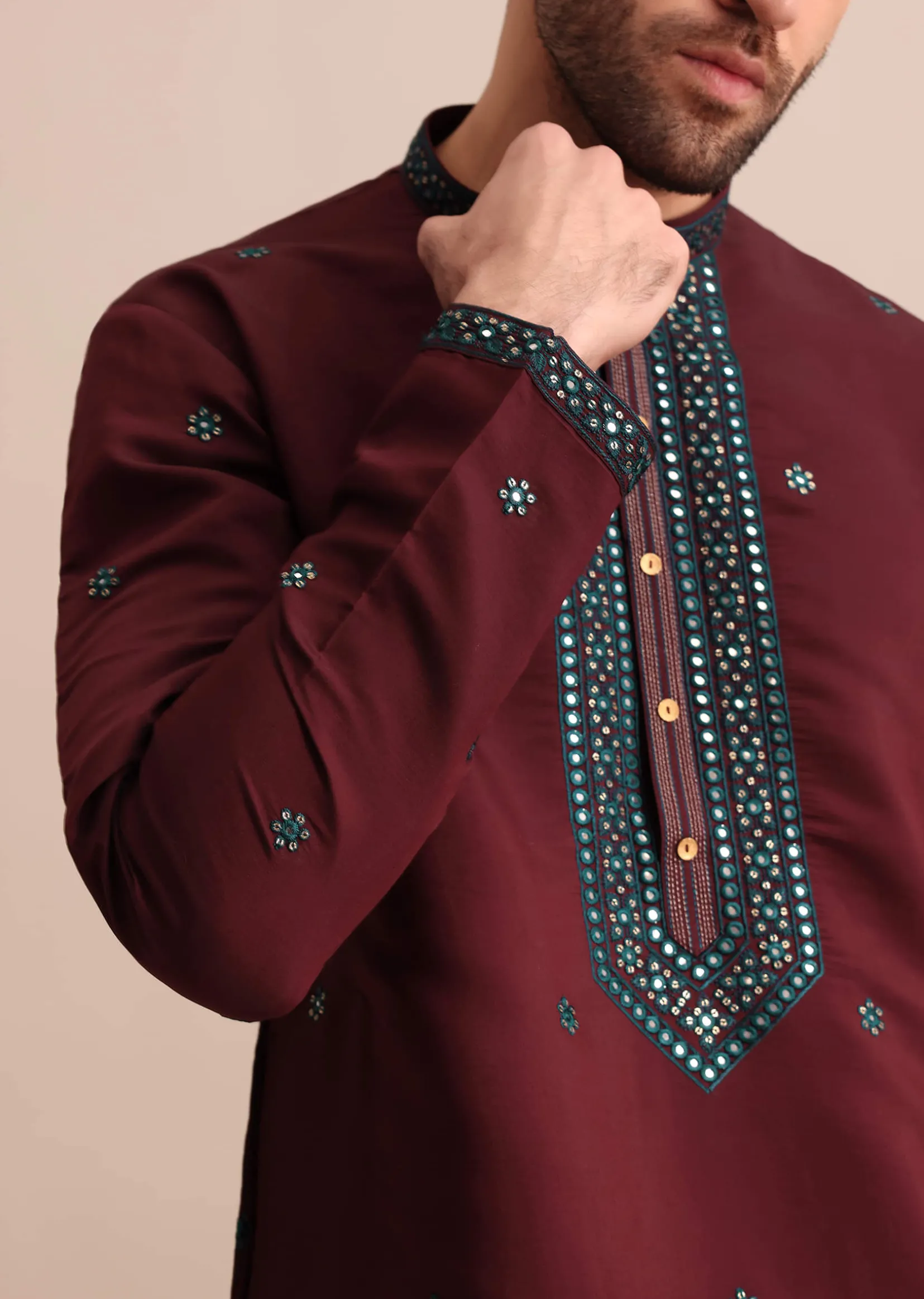 Wine Silk Kurta Set In Resham Work For Men