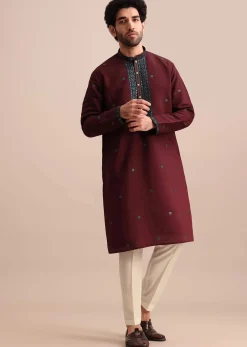 Wine Silk Kurta Set In Resham Work For Men