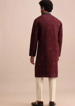 Wine Silk Kurta Set In Resham Work For Men