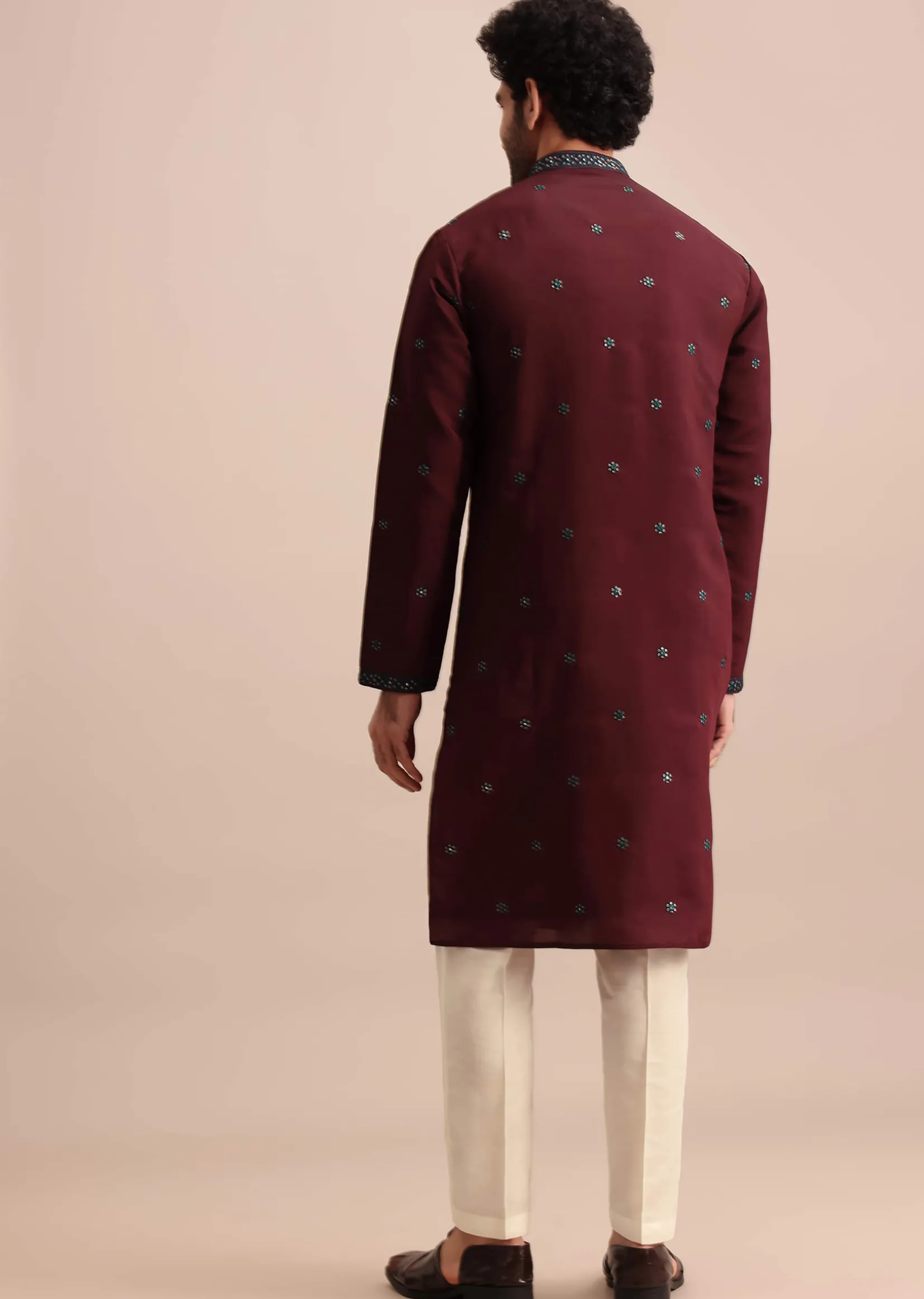 Wine Silk Kurta Set In Resham Work For Men