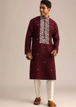 Wine Silk Kurta Set With Hand Embroidered Floral Motifs