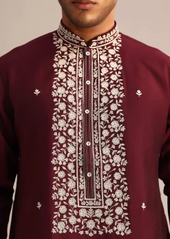 Wine Silk Kurta Set With Hand Embroidered Floral Motifs