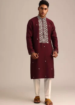 Wine Silk Kurta Set With Hand Embroidered Floral Motifs