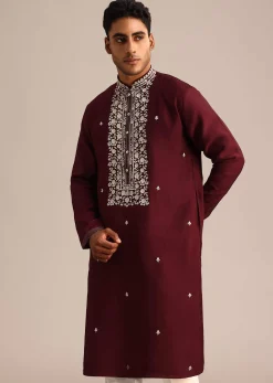 Wine Silk Kurta Set With Hand Embroidered Floral Motifs