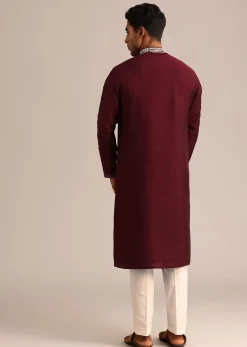 Wine Silk Kurta Set With Hand Embroidered Floral Motifs