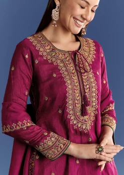 Wine Silk Kurta Set With Zari Palazzo And Butti Dupatta