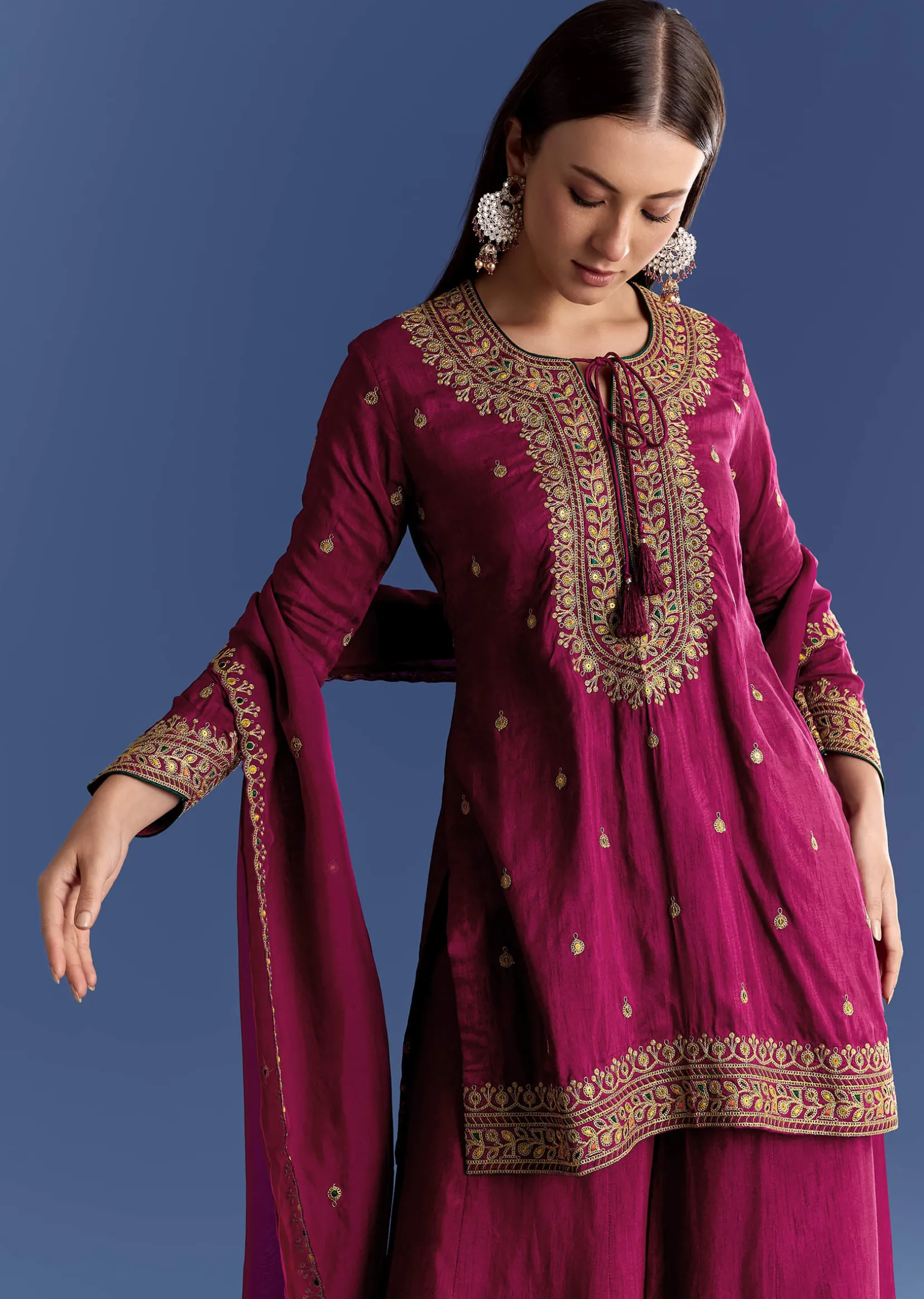 Wine Silk Kurta Set With Zari Palazzo And Butti Dupatta
