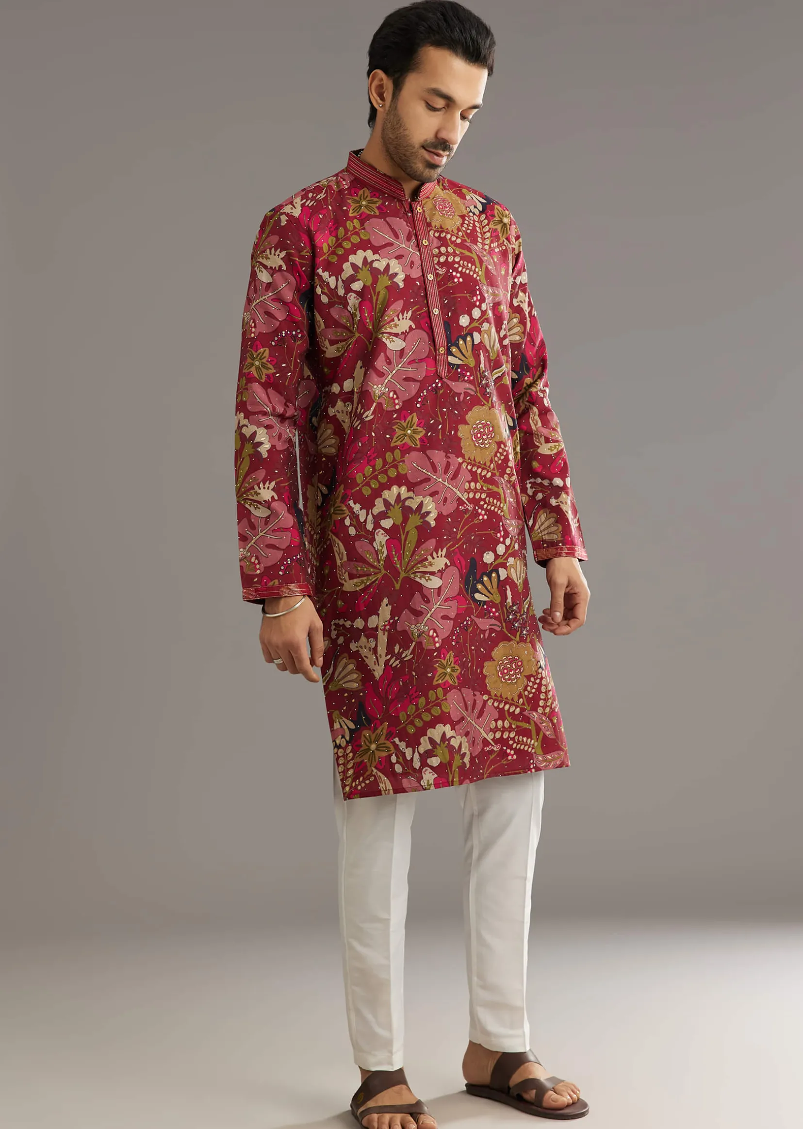 Wine Silk Kurta Set With Stone Embellishment