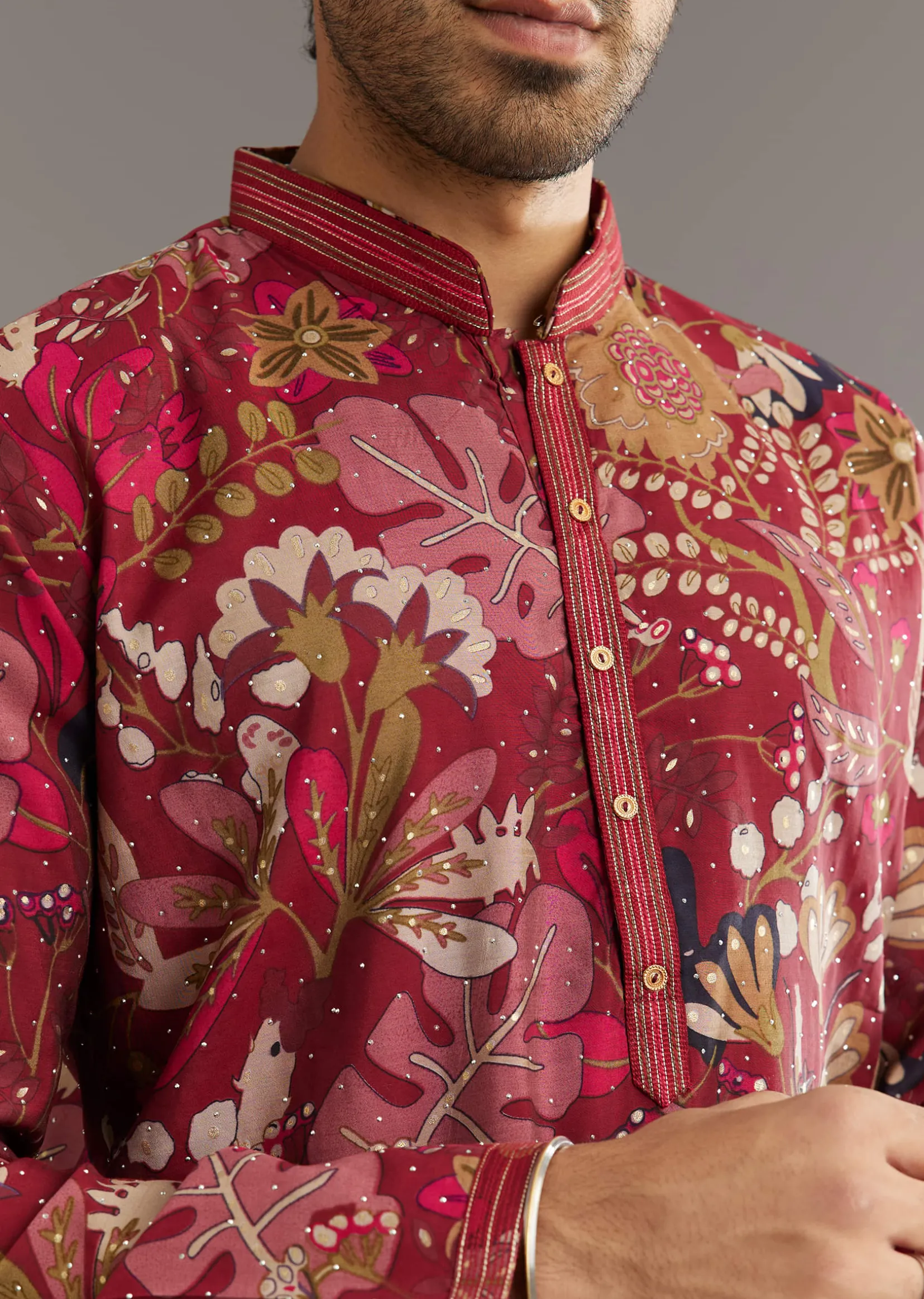 Wine Silk Kurta Set With Stone Embellishment