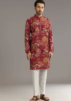 Wine Silk Kurta Set With Stone Embellishment