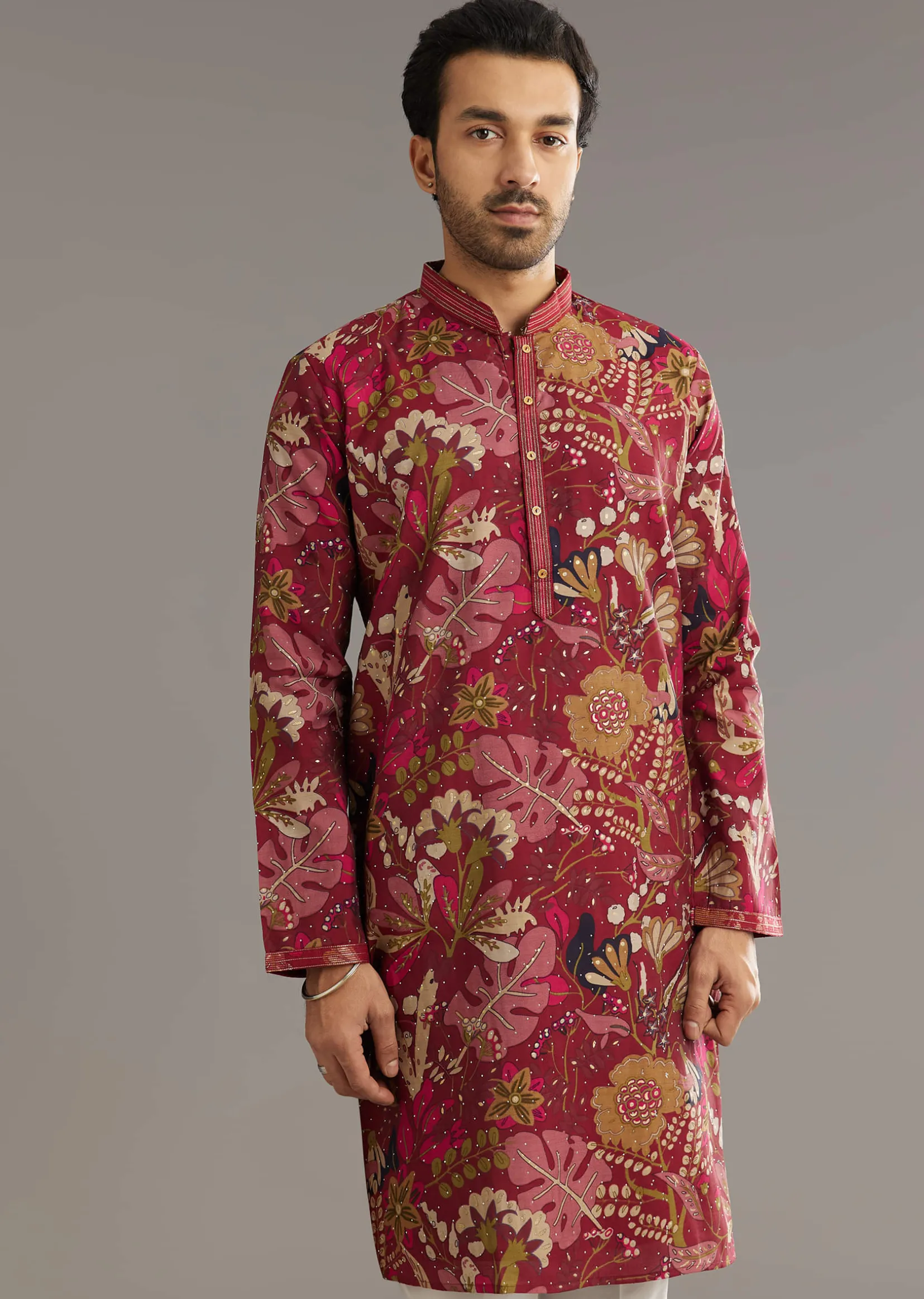 Wine Silk Kurta Set With Stone Embellishment