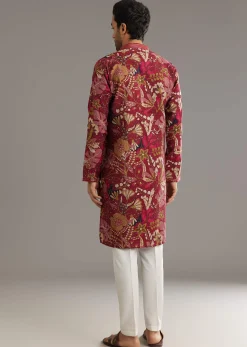 Wine Silk Kurta Set With Stone Embellishment