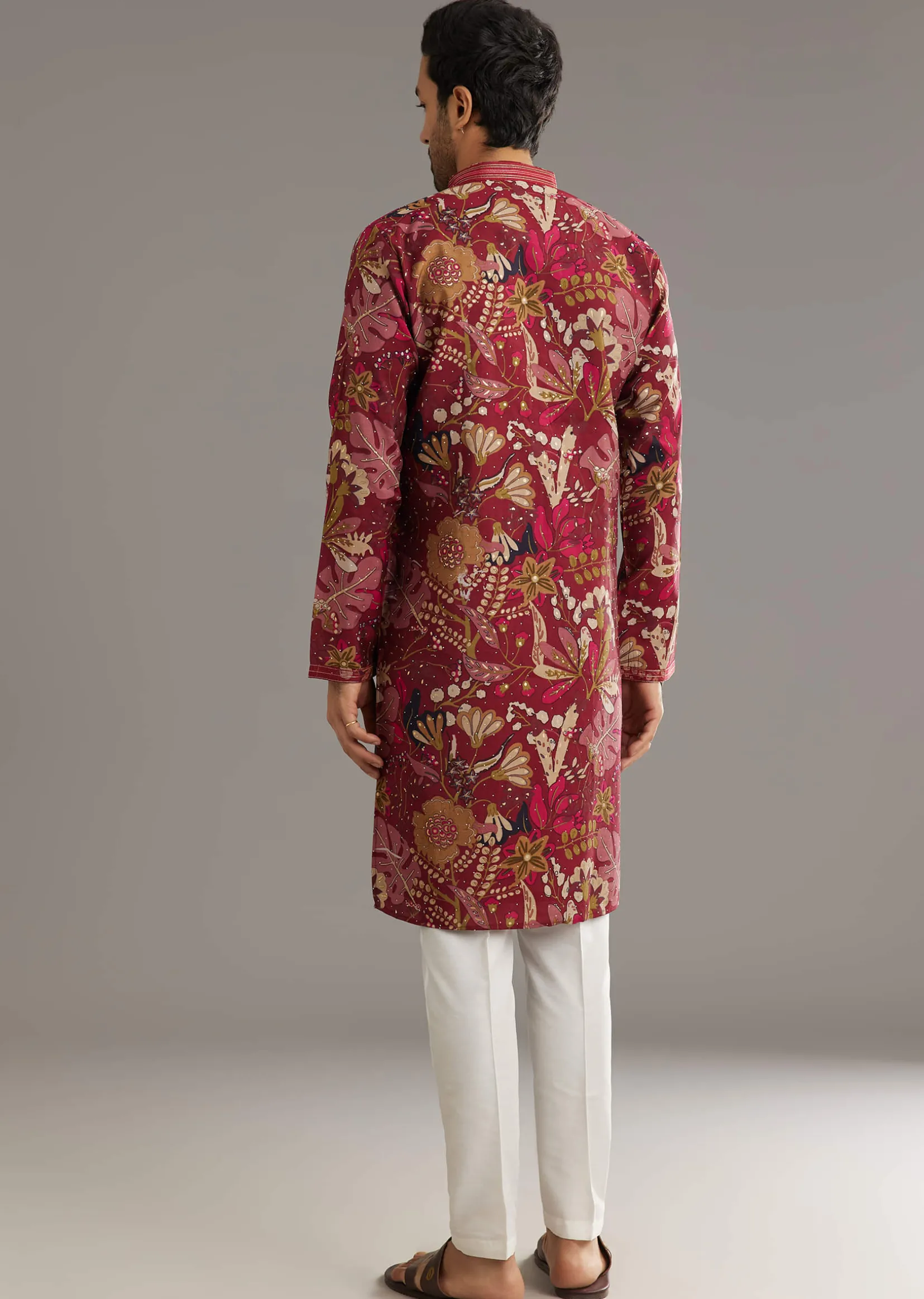 Wine Silk Kurta Set With Stone Embellishment