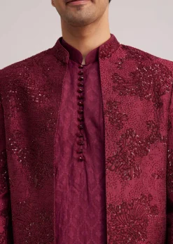Wine Silk Open Sherwani Set With Zardosi Stone And Beads Work