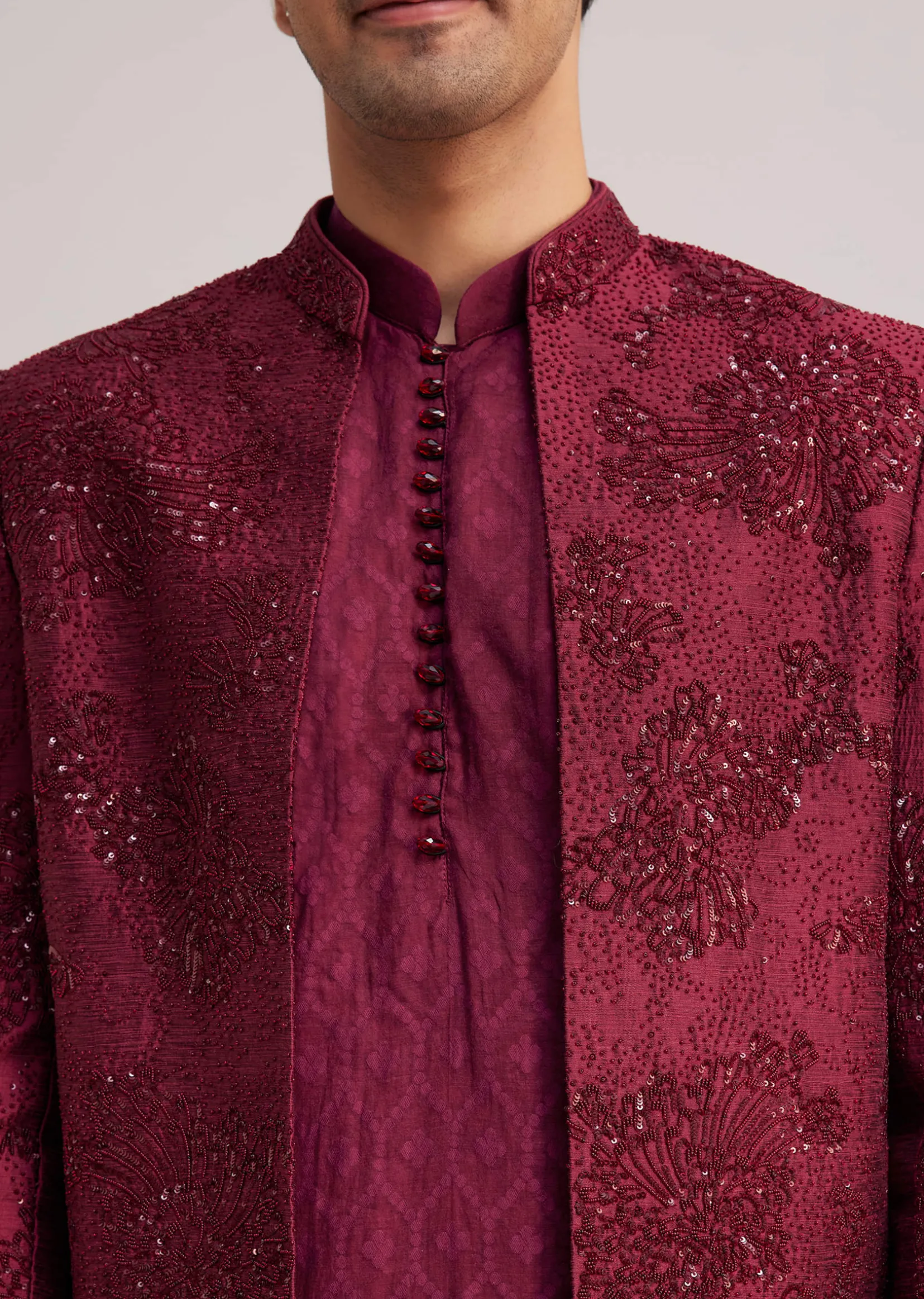 Wine Silk Open Sherwani Set With Zardosi Stone And Beads Work