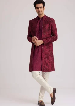 Wine Silk Open Sherwani Set With Zardosi Stone And Beads Work