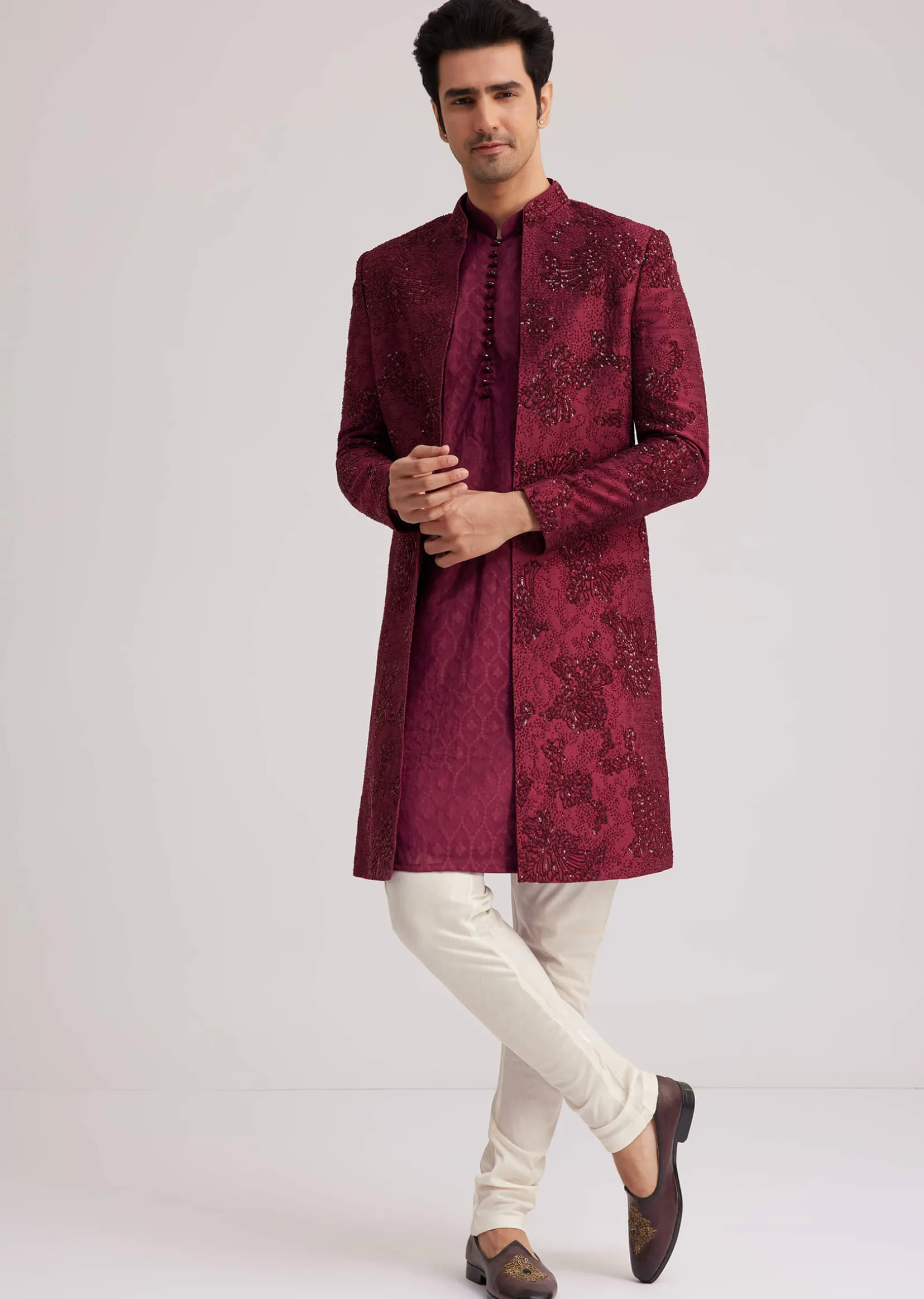 Wine Silk Open Sherwani Set With Zardosi Stone And Beads Work