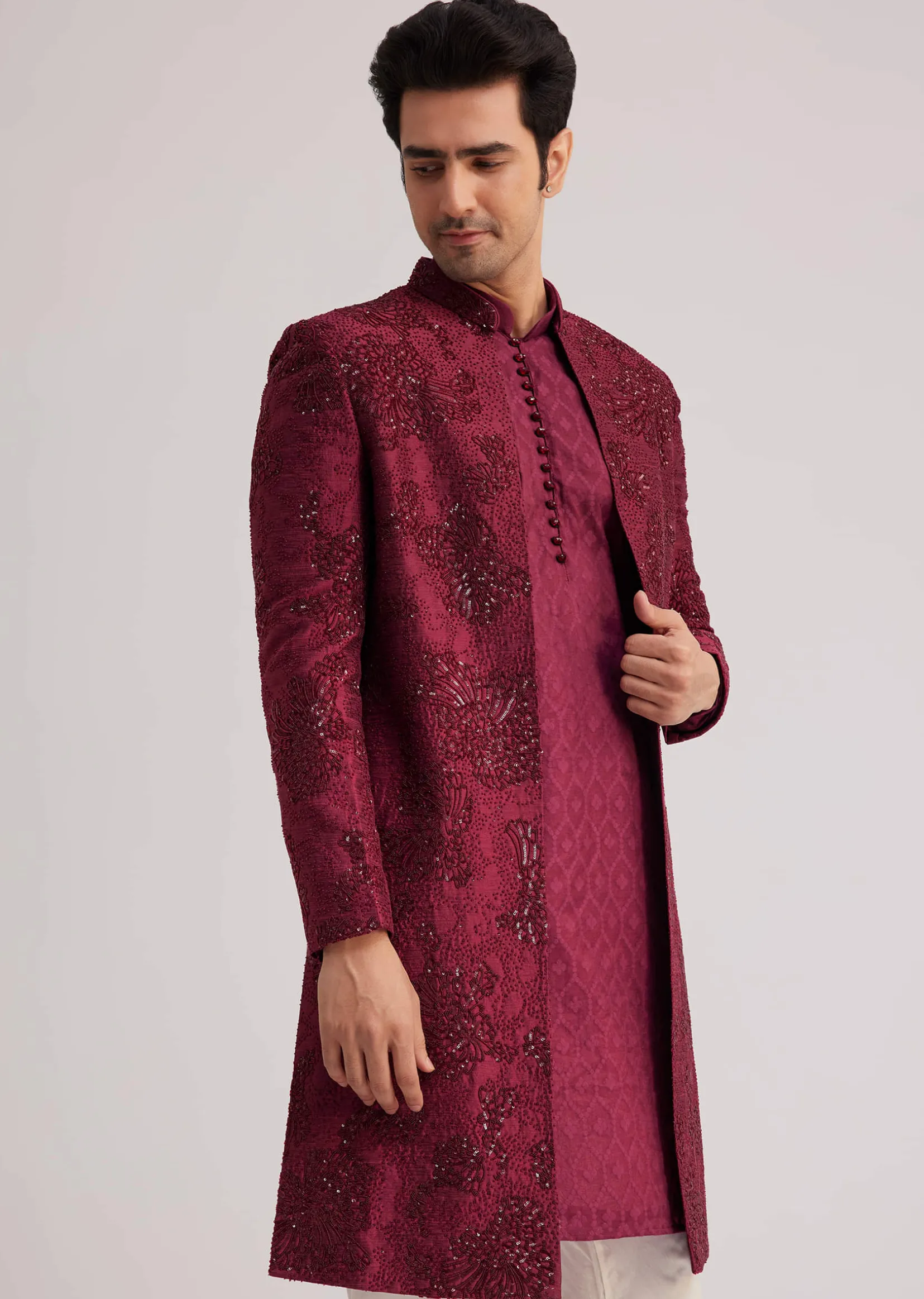 Wine Silk Open Sherwani Set With Zardosi Stone And Beads Work