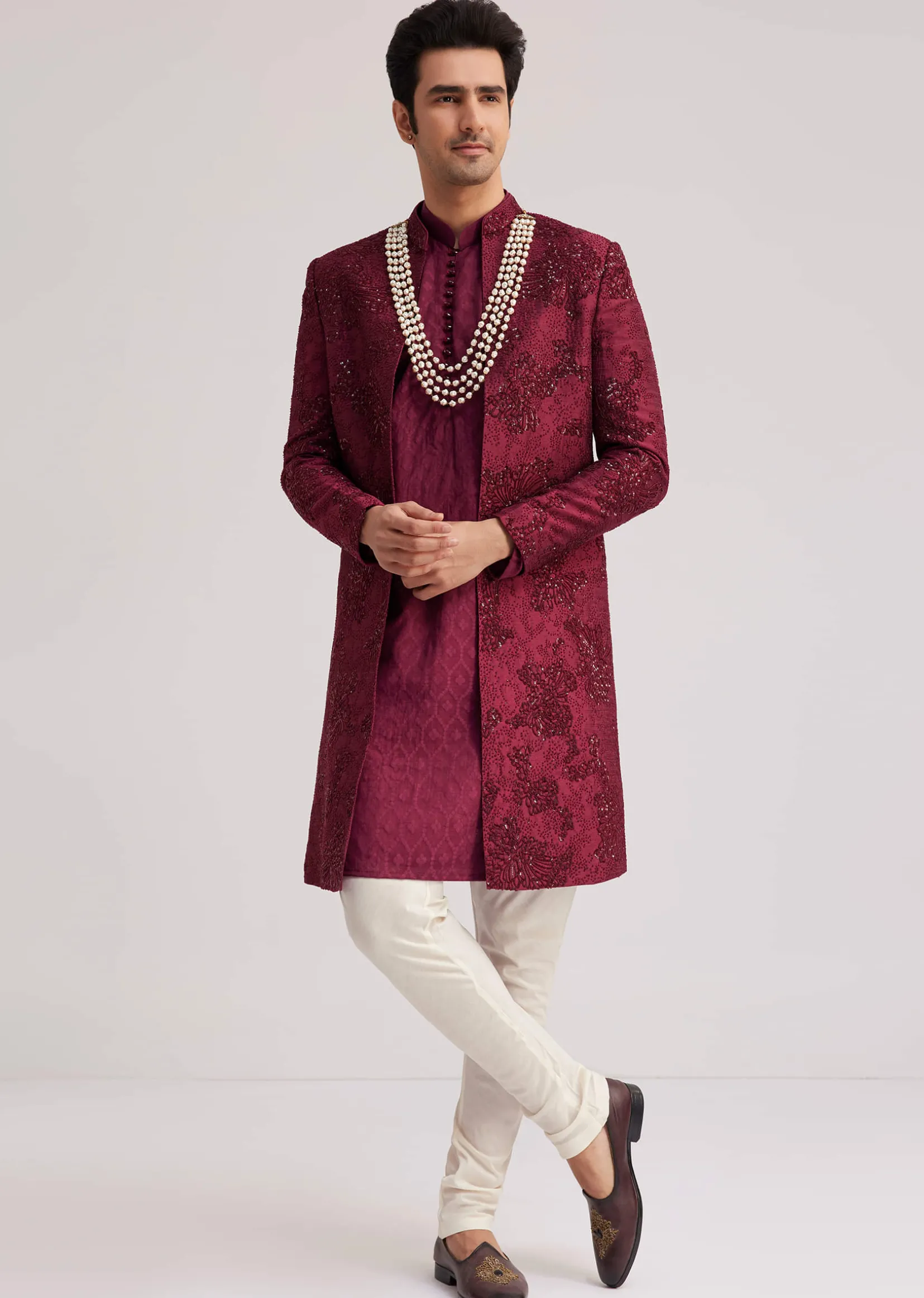 Wine Silk Open Sherwani Set With Zardosi Stone And Beads Work
