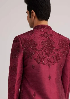 Wine Silk Open Sherwani Set With Zardosi Stone And Beads Work