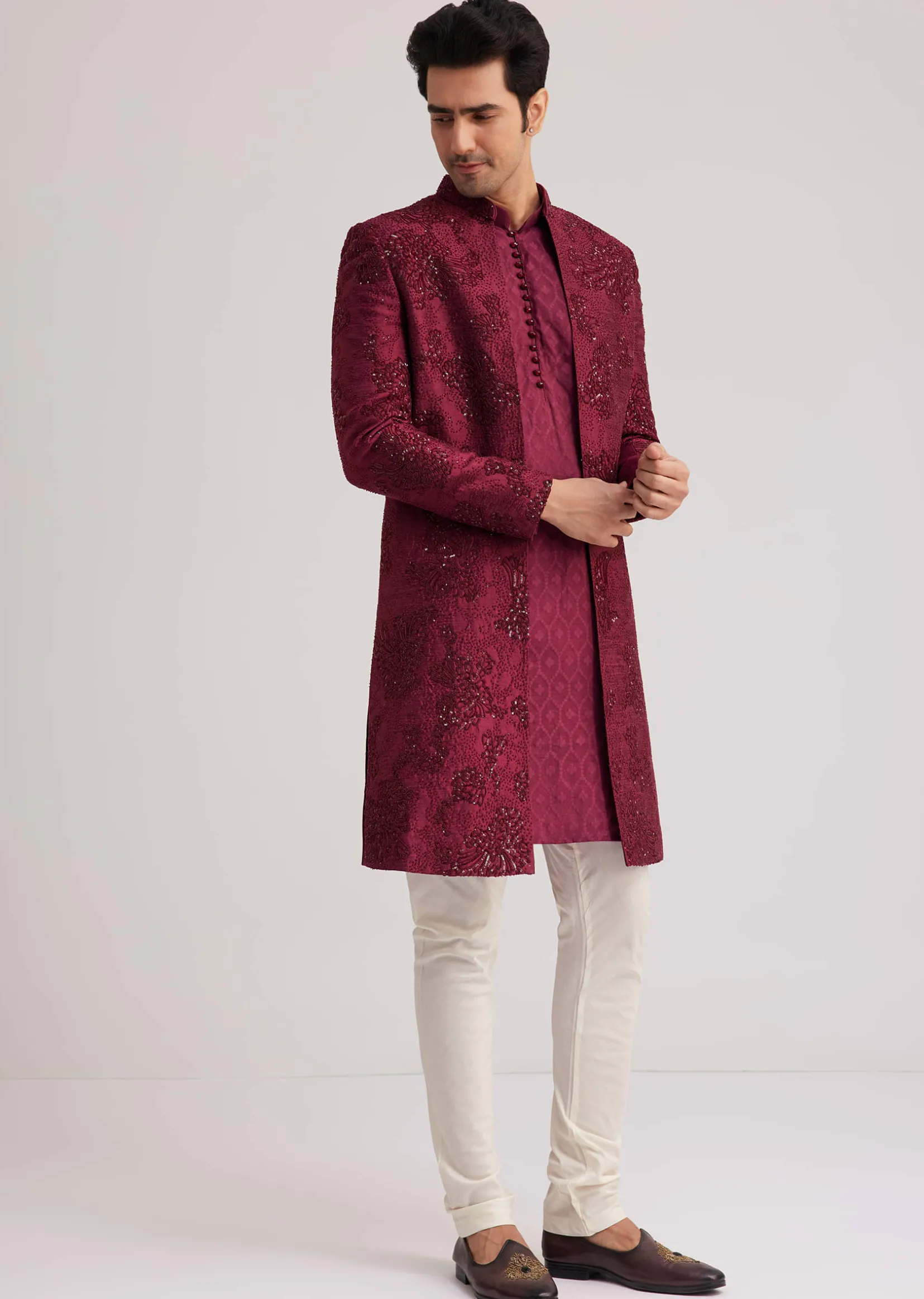 Wine Silk Open Sherwani Set With Zardosi Stone And Beads Work