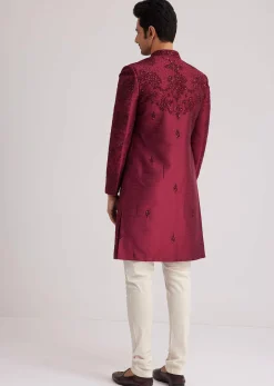 Wine Silk Open Sherwani Set With Zardosi Stone And Beads Work