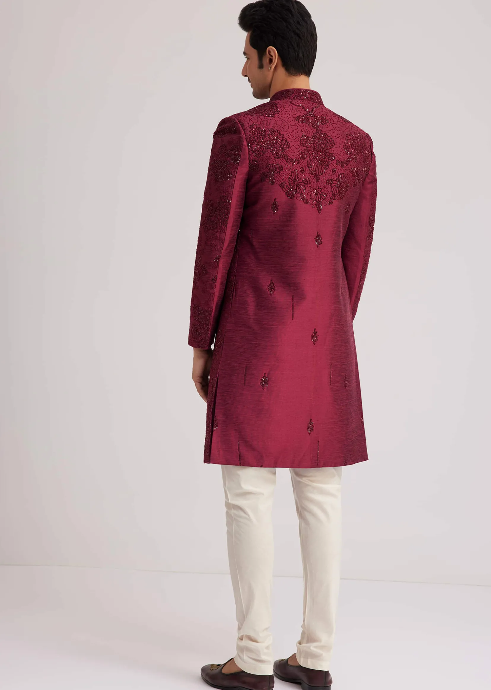 Wine Silk Open Sherwani Set With Zardosi Stone And Beads Work