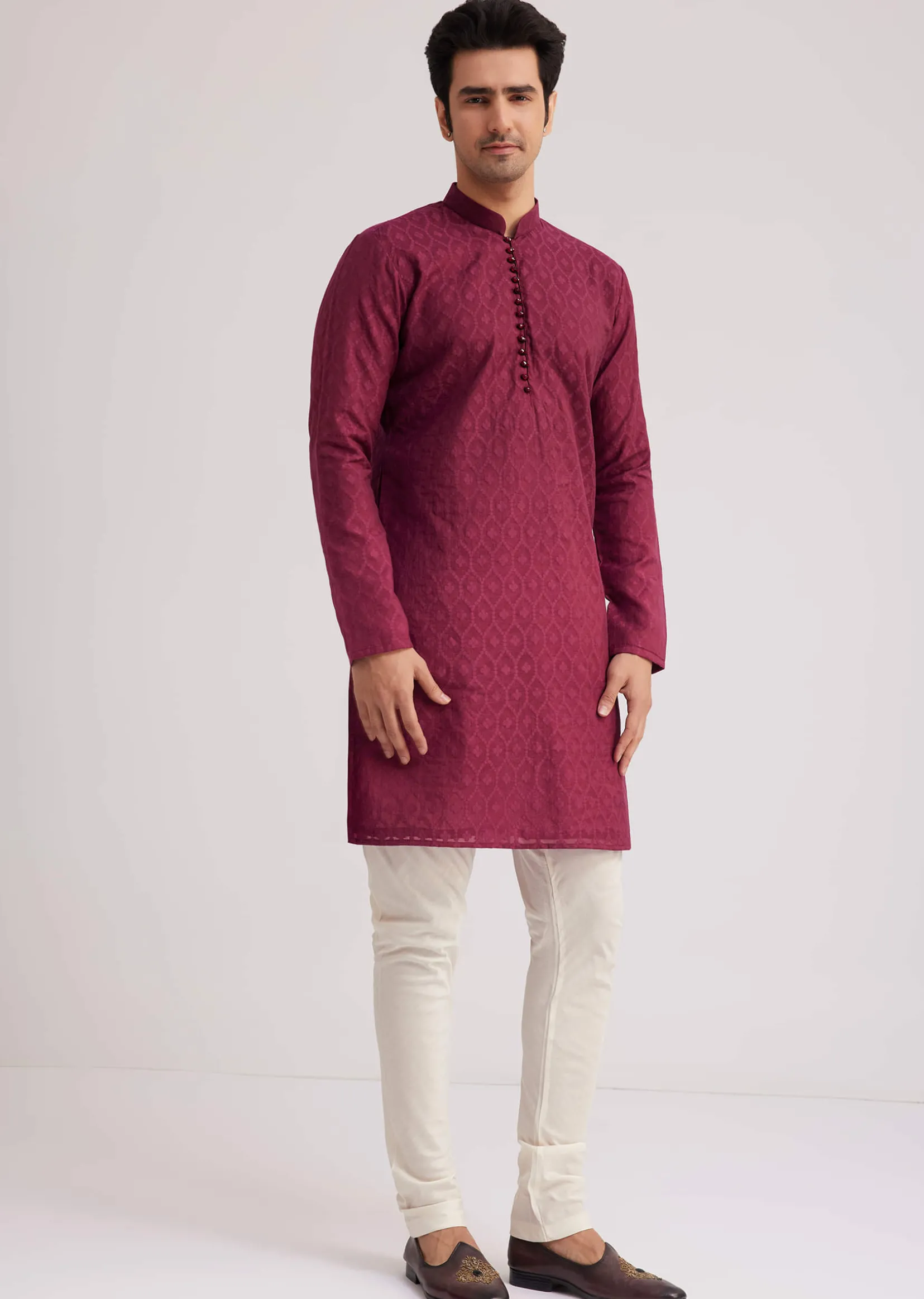 Wine Silk Open Sherwani Set With Zardosi Stone And Beads Work