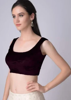 Wine Sleeveless Blouse In Velvet With U Neckline