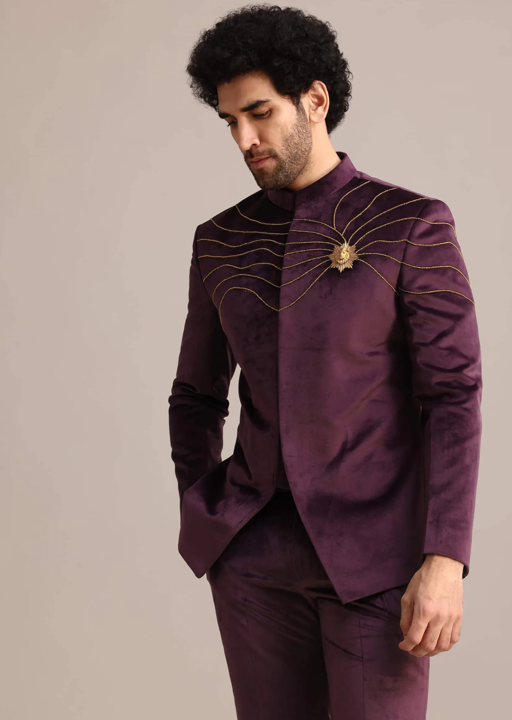 Wine Suede Jodhpuri Set With Patch Work