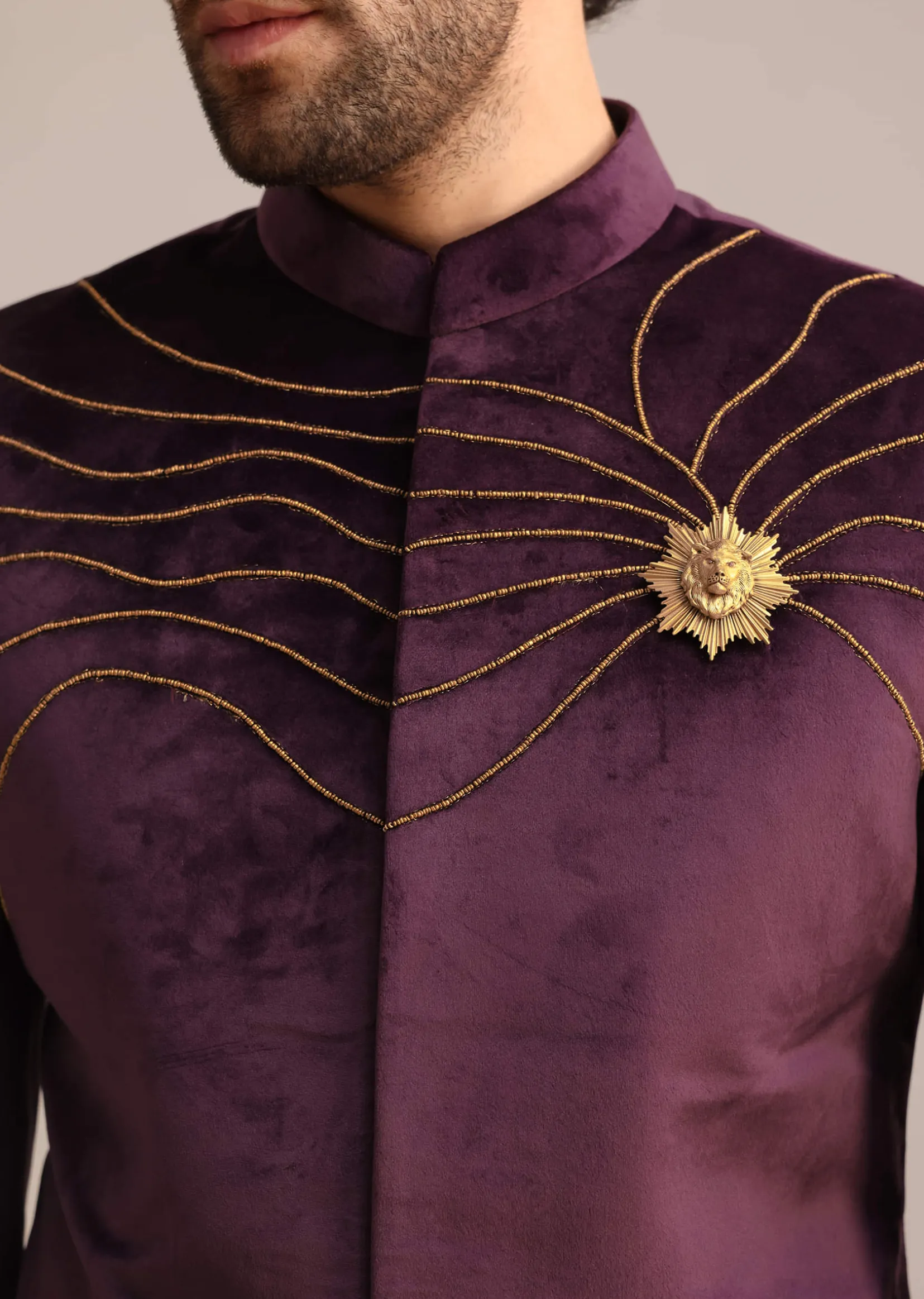 Wine Suede Jodhpuri Set With Patch Work