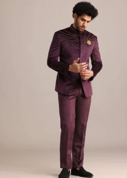 Wine Suede Jodhpuri Set With Patch Work