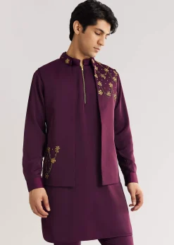 Wine Suiting Jacket Kurta Set With Metal Accents