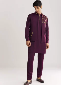 Wine Suiting Jacket Kurta Set With Metal Accents